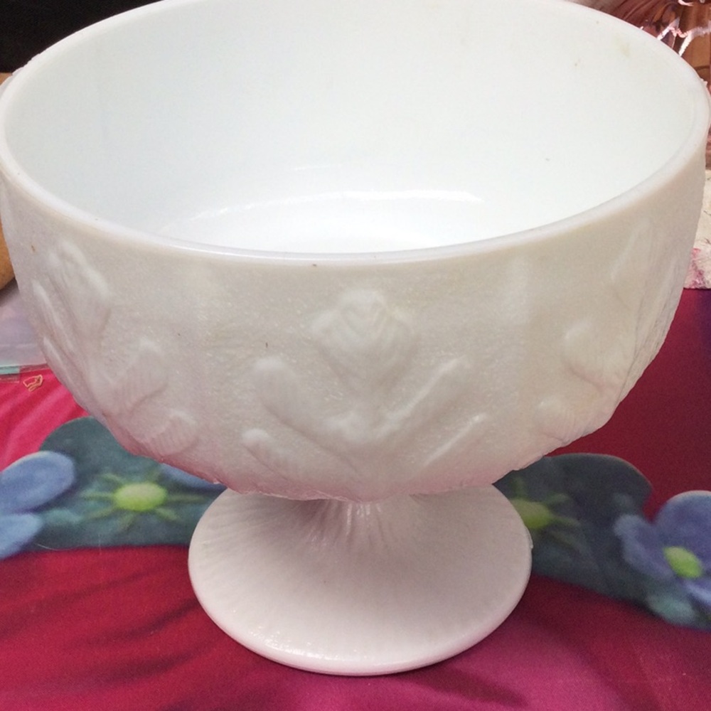 White Embossed Milk Glass Pedestal Compote vintage